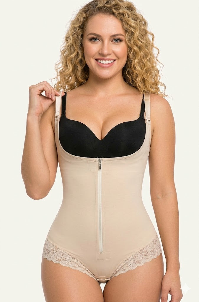 Formiva open bust zipper faja shapewear in black, showing firm tummy control and seamless design.