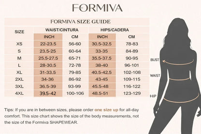 Size chart and measurement guide for Formiva women's waist trainer and butt lifter faja.