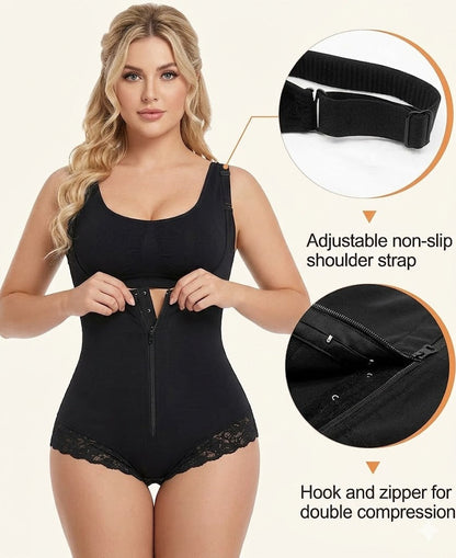 Close-up of the front zipper and inner hooks on Formiva postpartum tummy control faja for easy bathroom use.