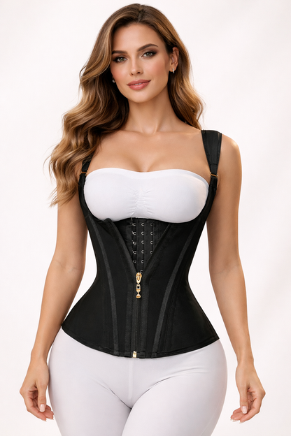 Female model wearing Formiva steel-boned waist trainer vest with adjustable straps, showing firm tummy control.